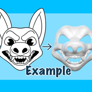Puede incluir: Una ilustraci&oacute;n de una cara de perro de dibujos animados se transforma en una m&aacute;scara 3D. La ilustraci&oacute;n es en blanco y negro, mientras que la m&aacute;scara es blanca. La palabra "Ejemplo" est&aacute; escrita en azul debajo.