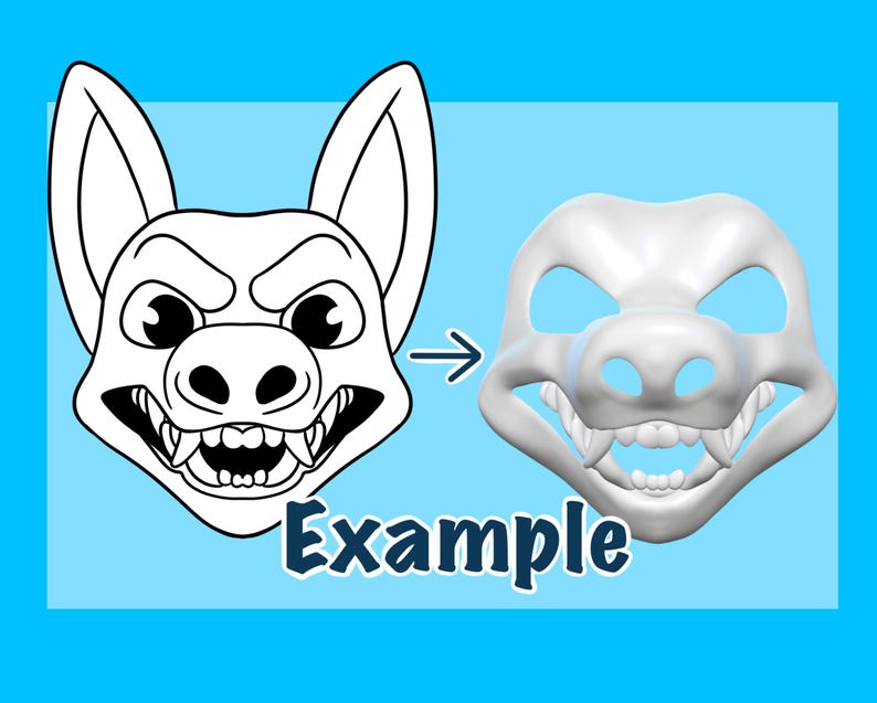 Puede incluir: Una ilustraci&oacute;n de una cara de perro de dibujos animados se transforma en una m&aacute;scara 3D. La ilustraci&oacute;n es en blanco y negro, mientras que la m&aacute;scara es blanca. La palabra "Ejemplo" est&aacute; escrita en azul debajo.