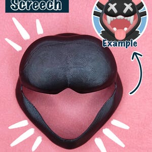 May include: Black 3D printed base for a plush toy, shaped like a mouth with a wide open jaw. The base is textured with concentric circles. The text "Screech" is visible in the top left corner of the image. The text "Example" is visible in the top right corner of the image. The text "*BASE ONLY" is visible in the bottom right corner of the image. The text "ETSY > SLAUVIK" is visible in the bottom left corner of the image.