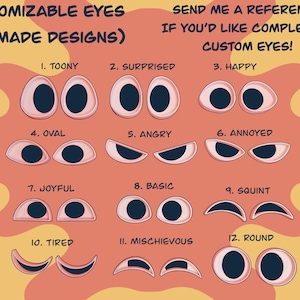 Op de afbeelding: Illustratie van twaalf verschillende cartoon oogontwerpen, elk met een unieke uitdrukking. De tekst luidt "CUSTOMIZABLE EYES (PREMADE DESIGNS)" en "SEND ME A REFERENCE IF YOU'D LIKE COMPLETELY CUSTOM EYES!"