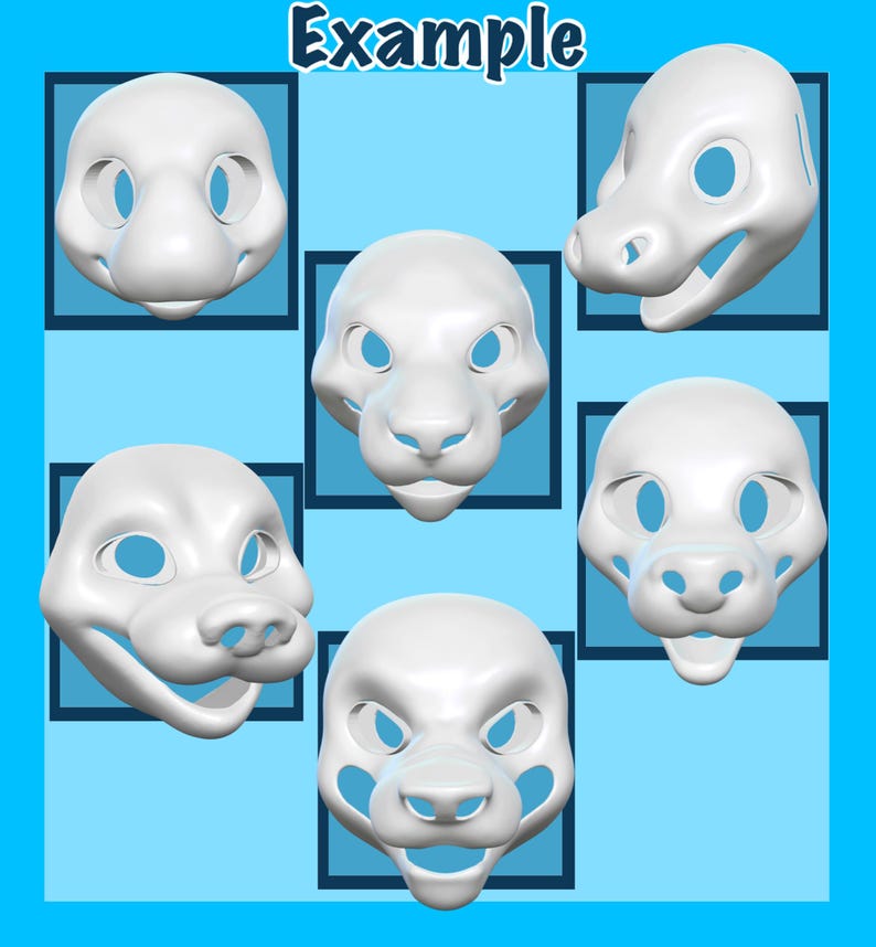 Puede incluir: Seis m&aacute;scaras de animales blancas y estilizadas con aberturas azules para los ojos, sobre un fondo azul claro. La palabra "Example" es visible. Cada m&aacute;scara tiene un dise&ntilde;o &uacute;nico, que se asemeja a diferentes criaturas.
