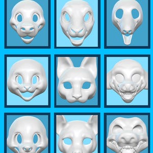 Puede incluir: Nueve m&aacute;scaras de animales blancas con diversas expresiones faciales, incluyendo un perro, un gato y un conejo. Cada m&aacute;scara se muestra en un marco cuadrado sobre un fondo azul. La palabra "Example" est&aacute; en la parte superior.