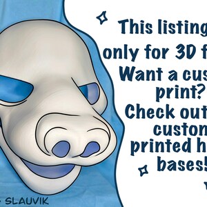 Puede incluir: Una base de cabeza blanca impresa en 3D con detalles azules alrededor de los ojos y la nariz. La imagen incluye el texto: "&iexcl;Este listado es solo para archivos 3D! &iquest;Quieres una impresi&oacute;n personalizada?"