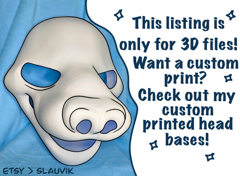Puede incluir: Una base de cabeza blanca impresa en 3D con detalles azules alrededor de los ojos y la nariz. La imagen incluye el texto: "&iexcl;Este listado es solo para archivos 3D! &iquest;Quieres una impresi&oacute;n personalizada?"