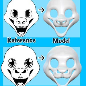 Puede incluir: Una imagen comparativa de una cara de animal de dibujos animados y un modelo 3D de la misma cara. La referencia es una ilustraci&oacute;n en blanco y negro con la palabra "Referencia" debajo. El modelo 3D es blanco con la palabra "Modelo" debajo. Ambos est&aacute;n sobre un fondo azul.