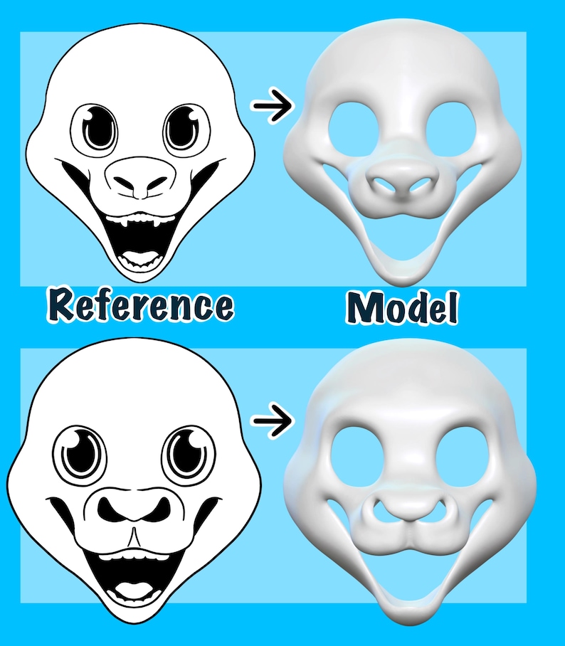 Puede incluir: Una imagen comparativa de una cara de animal de dibujos animados y un modelo 3D de la misma cara. La referencia es una ilustraci&oacute;n en blanco y negro con la palabra "Referencia" debajo. El modelo 3D es blanco con la palabra "Modelo" debajo. Ambos est&aacute;n sobre un fondo azul.