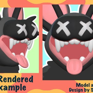 May include: A 3D rendered image of a black and pink cartoon character with a black mask and white X's over the eyes. The character has a wide open mouth with sharp teeth and a pink tongue sticking out. The text "3D Rendered Example" is below the image.