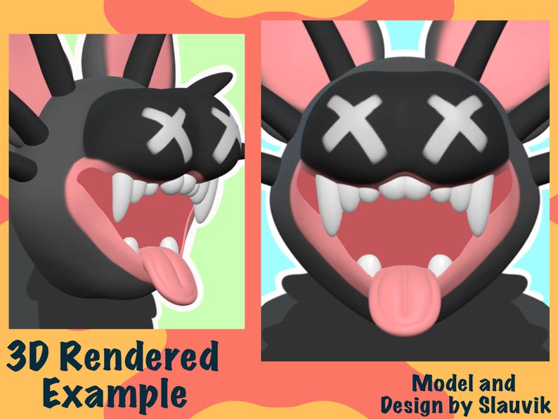 May include: A 3D rendered image of a black and pink cartoon character with a black mask and white X's over the eyes. The character has a wide open mouth with sharp teeth and a pink tongue sticking out. The text "3D Rendered Example" is below the image.