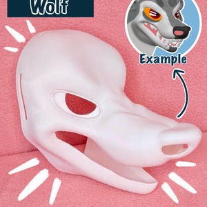 May include: A white wolf mask base with eye and mouth openings. The word "Wolf" is in a blue box at the top left. An example wolf head illustration is in the top right. The text "ETSY > SLAUVIK" and "*BASE ONLY" are at the bottom.