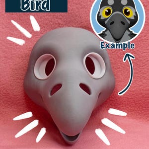May include: Gray bird mask base with white eye holes and a beak. The mask is on a pink surface. The text "Bird" is in a blue box above the mask. The text "Example" is in a circle above the mask. The text "*BASE ONLY" is at the bottom right of the image. The text "ETSY > SLAUVIK" is at the bottom left of the image.
