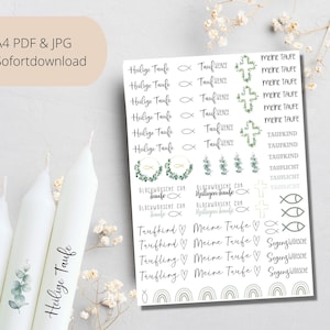 Puede incluir: Una hoja de calcomanías de transferencia de agua con varios diseños, incluyendo cruces, peces, corazones, arcoíris y texto en alemán. El texto incluye "Heilige Taufe", "Meine Taufe", "Taufkind" y "Tauflicht".