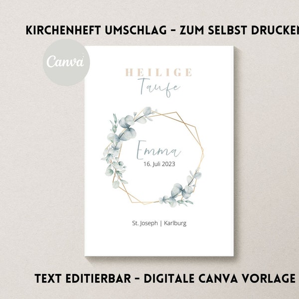 Canva Design | Kirchenheft Taufe & Hochzeit digital | Eukalyptus | Gold | Personalisiert | Sofort Download | selbst drucken | Taufprogramm