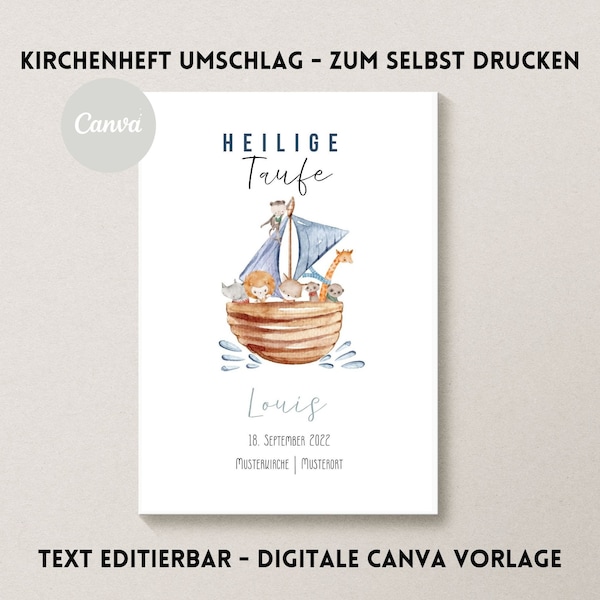 Canva Design | Kirchenheft für Taufe digital | Arche Noah Tiere | Neutral | Personalisiert | Sofort Download | Umschlag selbst drucken