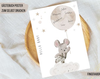 Fingerabdruck Gästeposter Gästebuch Kinder Taufe Babyparty Maus Balloon, Boho Kinderzimmer, Digital Download, Instant Download