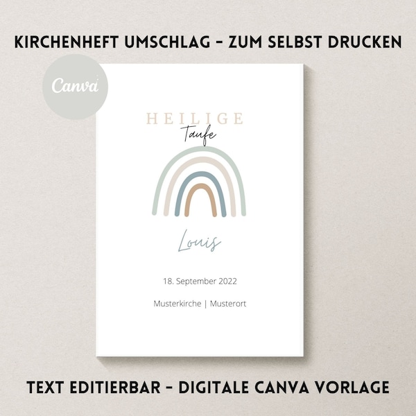 Canva Design | Kirchenheft Taufe digital | Regenbogen | Mint | Neutral |  Download & selbst drucken Taufheft Vorlage | Taufprogramm