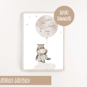Fingerabdruck Gästeposter Gästebuch Kinder Taufe Babyparty Nilpferd Balloon, Boho Kinderzimmer, Digital Download, Instant Download