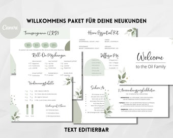 May include: A welcome package for new customers with a green and white color scheme. The package includes a loyalty program, roll-on blends, a dilution chart, a home essential kit, diffuser blends, a welcome message, and application tips. The text is in German.