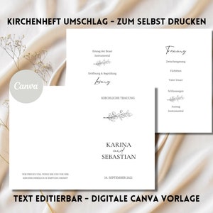 Könnte beinhalten: Eine druckbare Vorlage für ein Hochzeits-Programm mit einem schlichten floralen Design. Der Text lautet "KARINA und SEBASTIAN 18. SEPTEMBER 2022" und "TEXT EDITIERBAR - DIGITALE CANVA VORLAGE".
