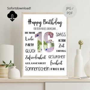 Geldgeschenk 16. Geburtstag | persönliches Geburtstagsgeschenk | PDF Datei | Geburtstag Geldgeschenk | runder Geburtstag | Wörter