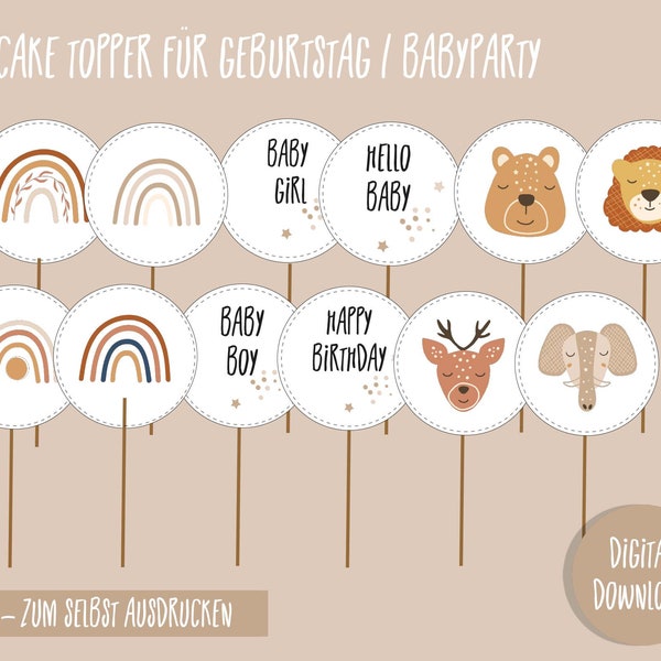 Baby Party Cupcake Topper - Neutral Regenbogen - Instant Download - Digitale Dateien - Regenbogen Baby Cupcake Toppers - Baby Shower Deko