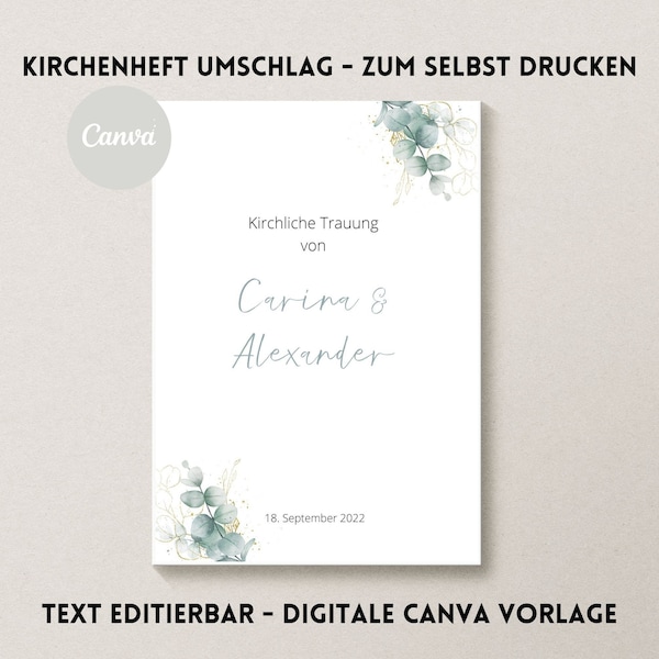 Canva Design | Kirchenheft Hochzeit digital | Eukalyptus Gold Mint | Personalisiert | Sofort Download | selbst drucken