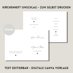 Könnte beinhalten: Eine weiße druckbare Vorlage für einen Kirchenheft-Umschlag. Der Text lautet "Kirchenheft Umschlag - Zum Selbst Drucken" und "Text Editierbar - Digitale Canva Vorlage". Die Vorlage enthält den Text "Unsere Trauung" und "Melissa & Tobias" mit dem Datum "15. September 2022".