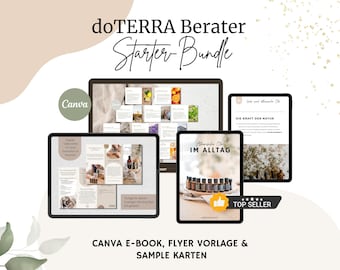 May include: A digital product bundle featuring Canva e-books, flyer templates, and sample cards. The image shows several tablets displaying the product, with text that reads "doTERRA Berater Starter Bundle" and "Top Seller."