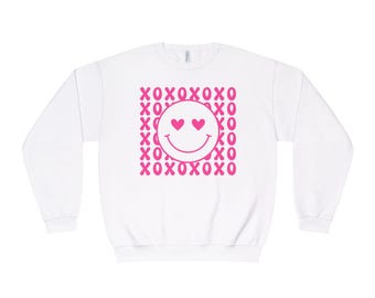 Retro Smile Sweatshirt, XOXO Heart Eyes, Cozy Unisex Crewneck