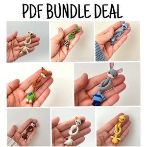 May include: A collection of handmade crochet animal toys, including a koala, frog, koala, fox, bunny, monkey, dog, and duck. Each toy is held in a hand and features detailed stitching and colorful accents. The text "PDF BUNDLE DEAL" is at the top.