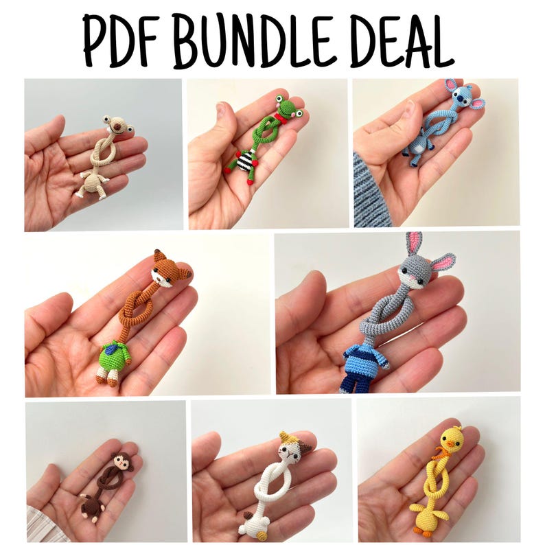 May include: A collection of handmade crochet animal toys, including a koala, frog, koala, fox, bunny, monkey, dog, and duck. Each toy is held in a hand and features detailed stitching and colorful accents. The text "PDF BUNDLE DEAL" is at the top.