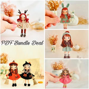 May include: A selection of handmade crochet dolls, each with distinctive outfits and accessories. The dolls include a reindeer, a girl with bunny ears, a girl with a hat, and two witch dolls. The text "PDF Bundle Deal" is also visible.