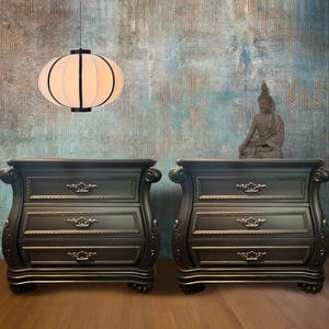 Pair of Black Bombay Nightstands / Pair of Bombe Chests / Oversized pair of Nightstands /Black Nightstands/ Side Tables