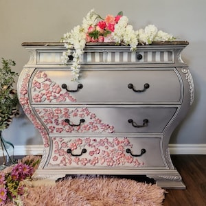 Sold, custom orders only. Cherry Blossom Bombe Chest: Hand-Painted Floral Dresser with Marble Top