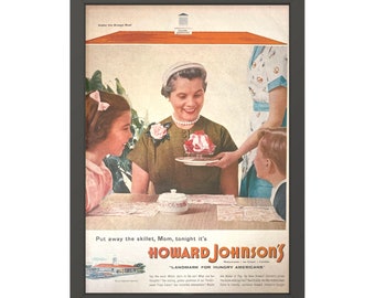 1955 Howard Johnsons Original-Vintage-Printwerbung | Zeitschriftenanzeigen | Klassische Retro-Wanddekoration | 1950er-Jahre-Mutter aus der Mitte des Jahrhunderts