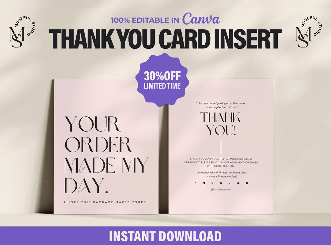Elegant Pink Thank You Card Insert: Canva Template (digital Download ...