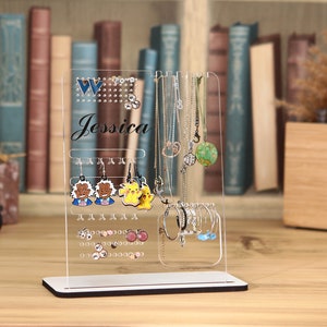 Personalized Acrylic Jewelry Organizer Stand Holder for Earrings , Necklaces and Bracelets With Wooden Base Anniversary Gift for Her