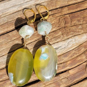 Flower blossom agate dangle,two stone, gold plated hook, natural stone, handmade