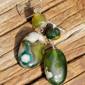 Flower blossom agate dangle,two stone, silver hook, natural stone, handmade