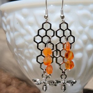 Honey bee dangle, carnelian, natural stone, silver plated hook, bee earrings
