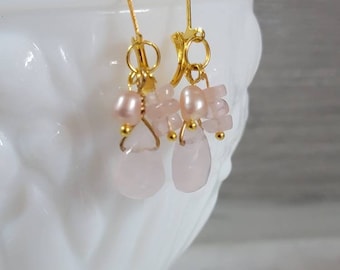 Rose Quartz Dangle Earrings: Gold Plated with Freshwater Pearls