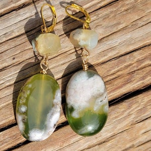 Flower blossom agate dangle,two stone, gold plated hook, natural stone, handmade