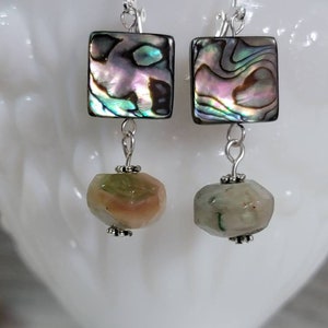 Flower blossom agate dangle, abalone shell, two stone, silver hook, natural stone, handmade