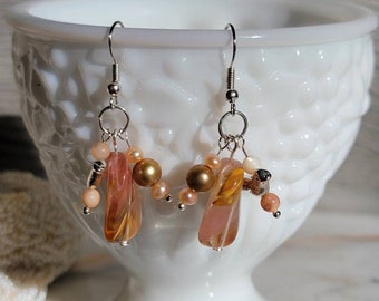 Cherry quartz dangle, pearls, mother of pearl, silver, dangle earring, natural stone, shell, ear hook