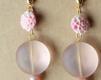 Pink Pearl Dangle Earrings, Carved Flower, Gold Plated