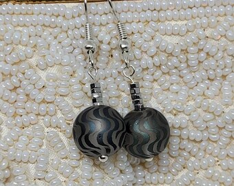 Blue Glass bead earrings, hematite hook dangle earrings, stone, seed beads, glass dangle earrings. Silver plated hook