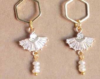 Gold Plated CZ Dangle Earrings: Freshwater Seed Pearl Honeycomb