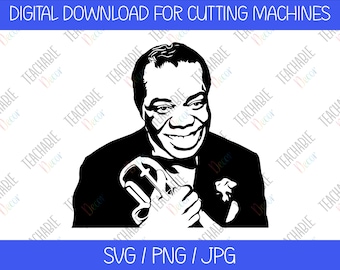 May include: Black and white silhouette of a man in a suit holding a microphone. He is smiling and looking to the right.