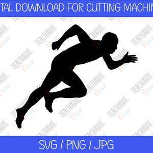 May include: Black silhouette of a runner in a starting position. The runner is leaning forward with one leg extended and the other bent at the knee.