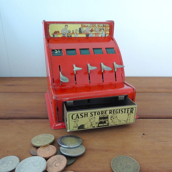1940s Durable Toy Cash Register | Vintage Tin Toy Miniature | Play Money Till