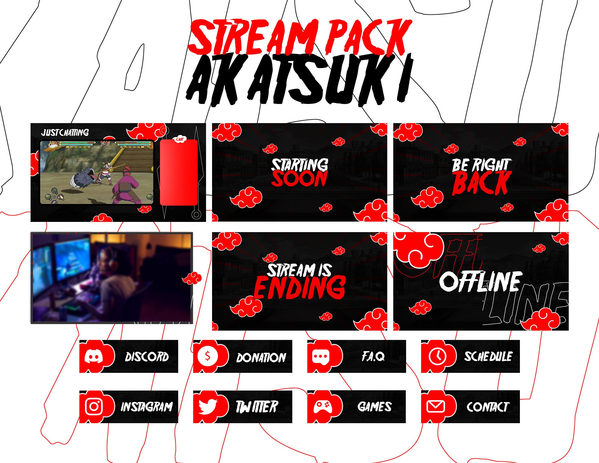 ANIMATED STREAM PACK - Akatsuki - Twitch YouTube Facebook Gaming Obs Streamlabs